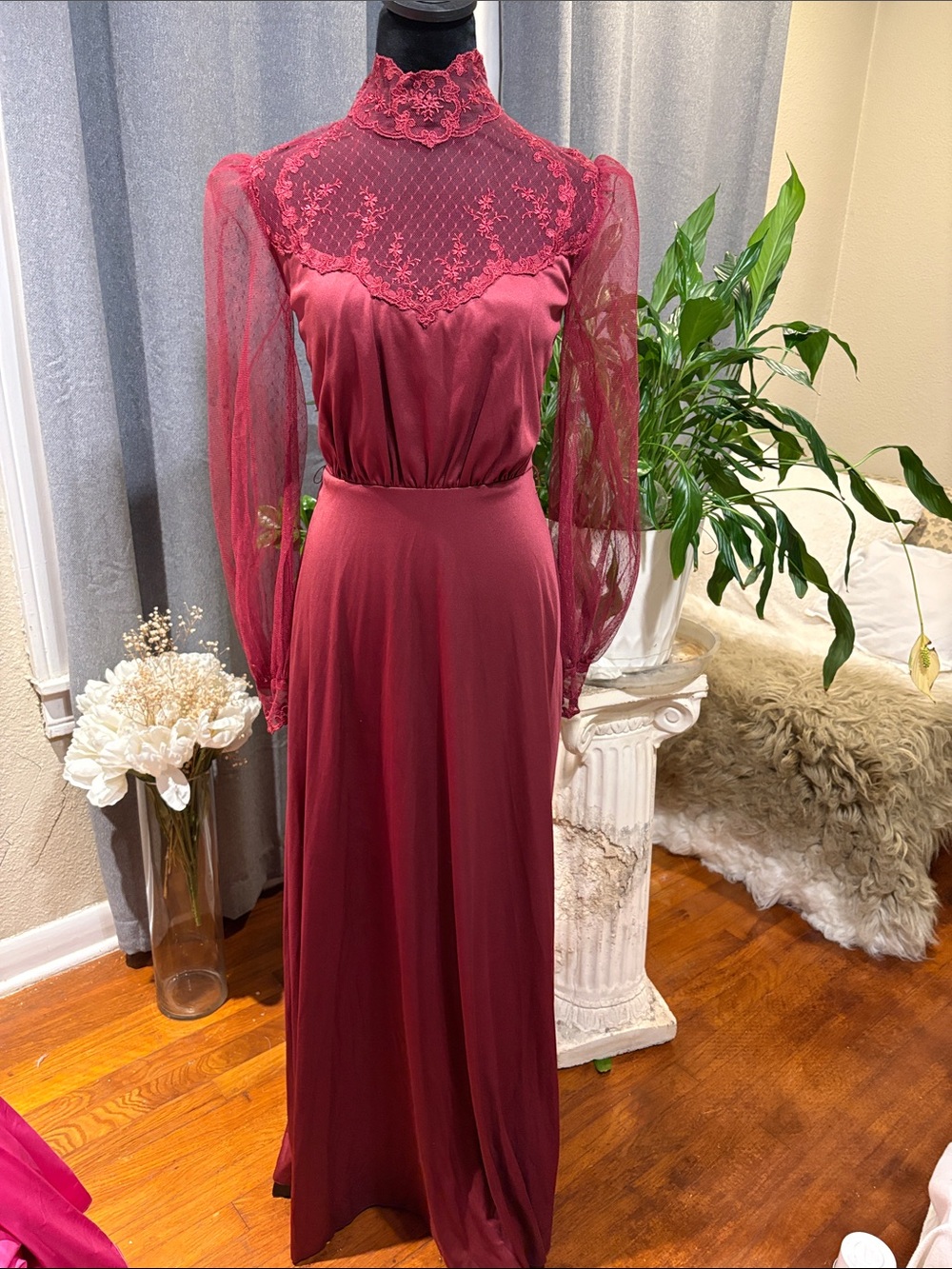 Chiffon & Lace High-Neck Burgundy Maxi Dress